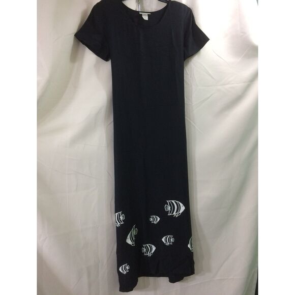 Vintage 80s Connie Choi Black Maxi Dress Fish Hem Print Shoulder Pads USA Medium - Picture 1 of 5